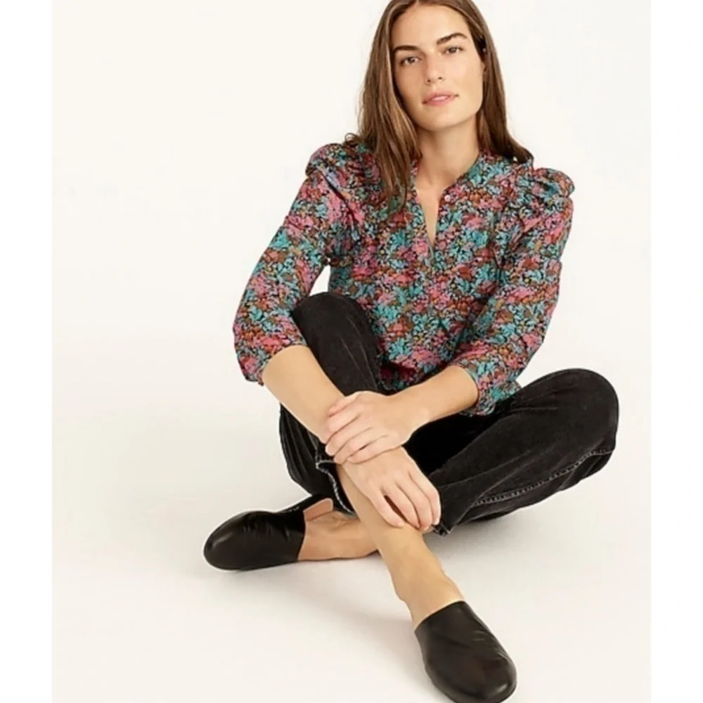 J.Crew Classic cotton Puff-sleeve top in Ratti® Red blooms
